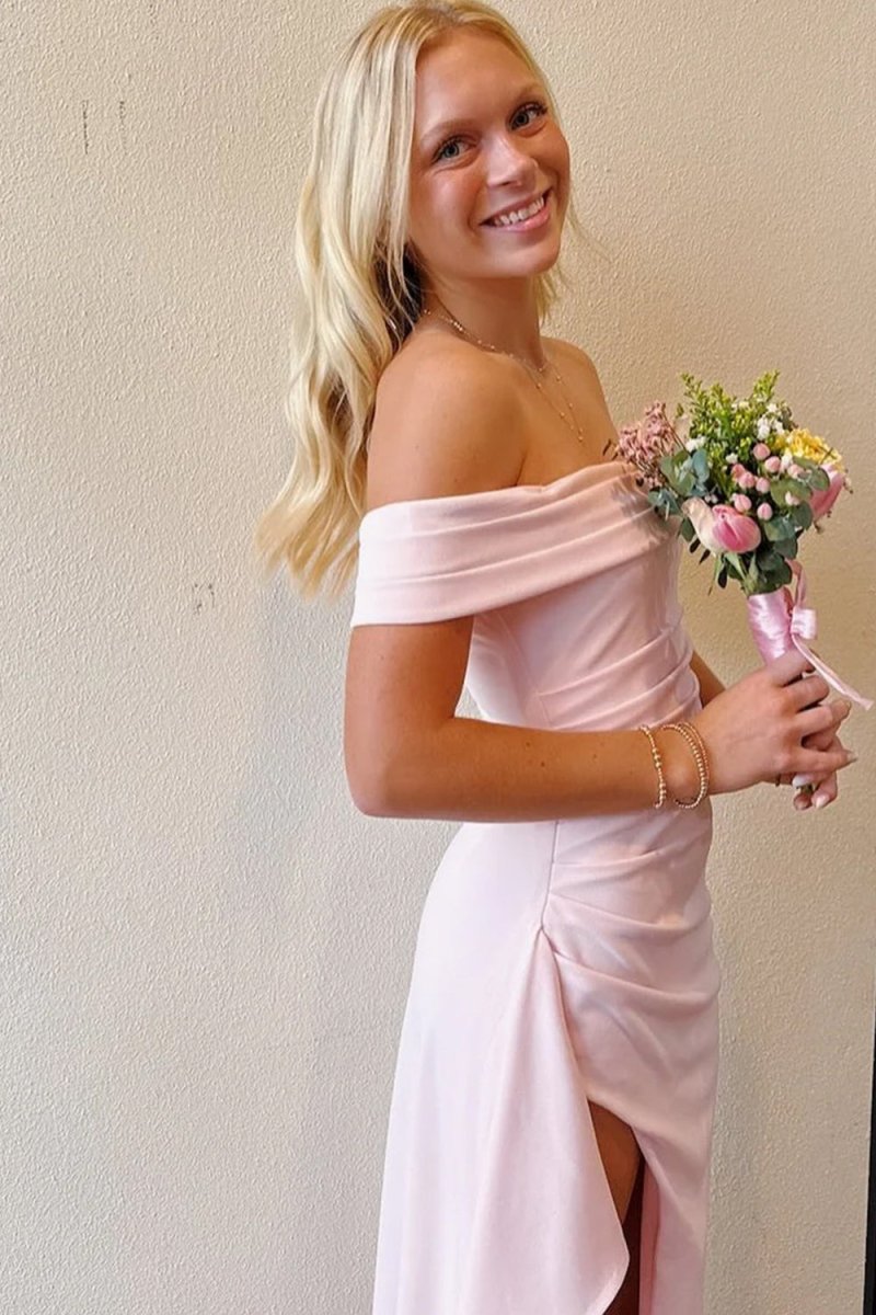 Pink Off The Shoulder Sheath Satin Pleated Long Formal Prom Dresses With Slit