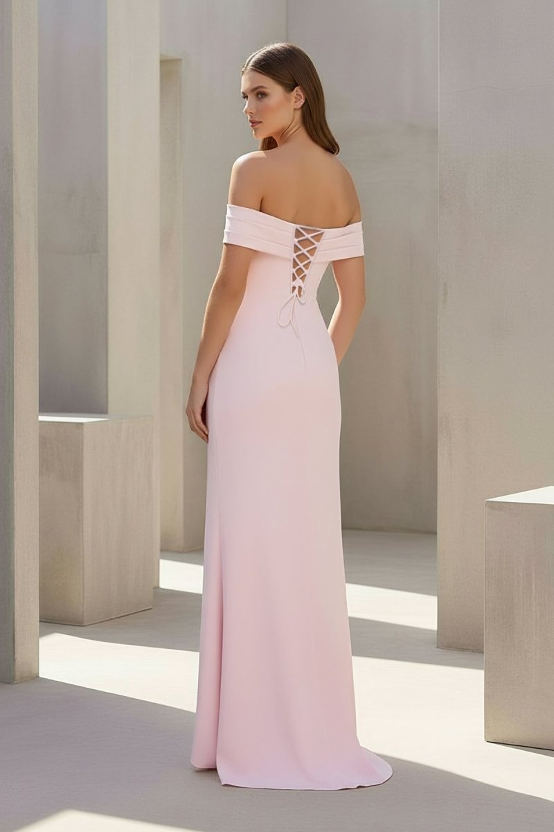 Pink Off The Shoulder Sheath Satin Pleated Long Formal Prom Dresses With Slit