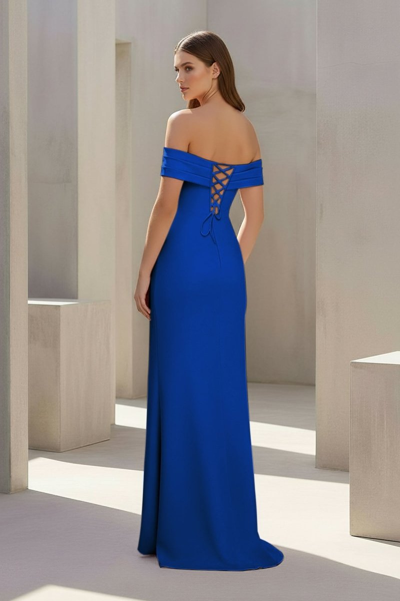 Pink Off The Shoulder Sheath Satin Pleated Long Formal Prom Dresses With Slit