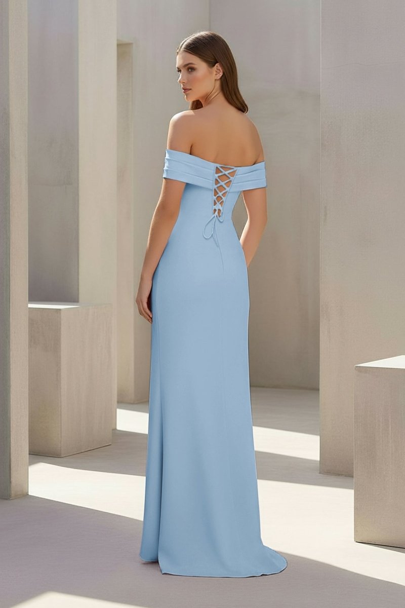 Pink Off The Shoulder Sheath Satin Pleated Long Formal Prom Dresses With Slit