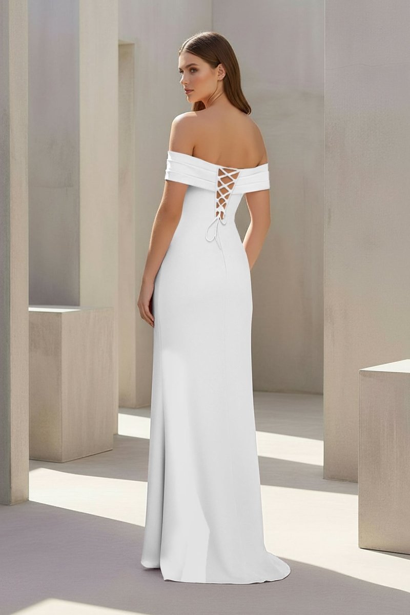 Pink Off The Shoulder Sheath Satin Pleated Long Formal Prom Dresses With Slit