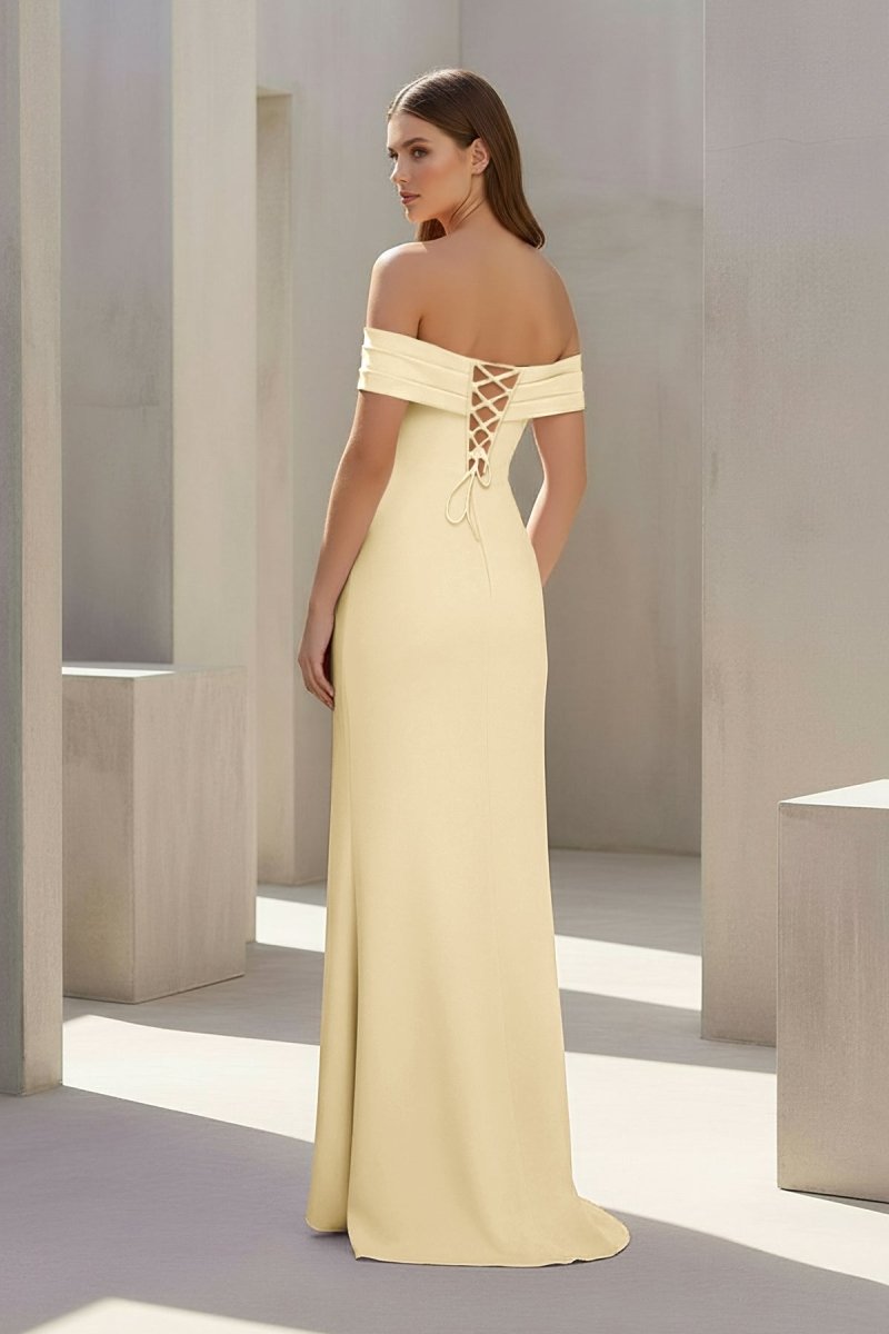 Pink Off The Shoulder Sheath Satin Pleated Long Formal Prom Dresses With Slit