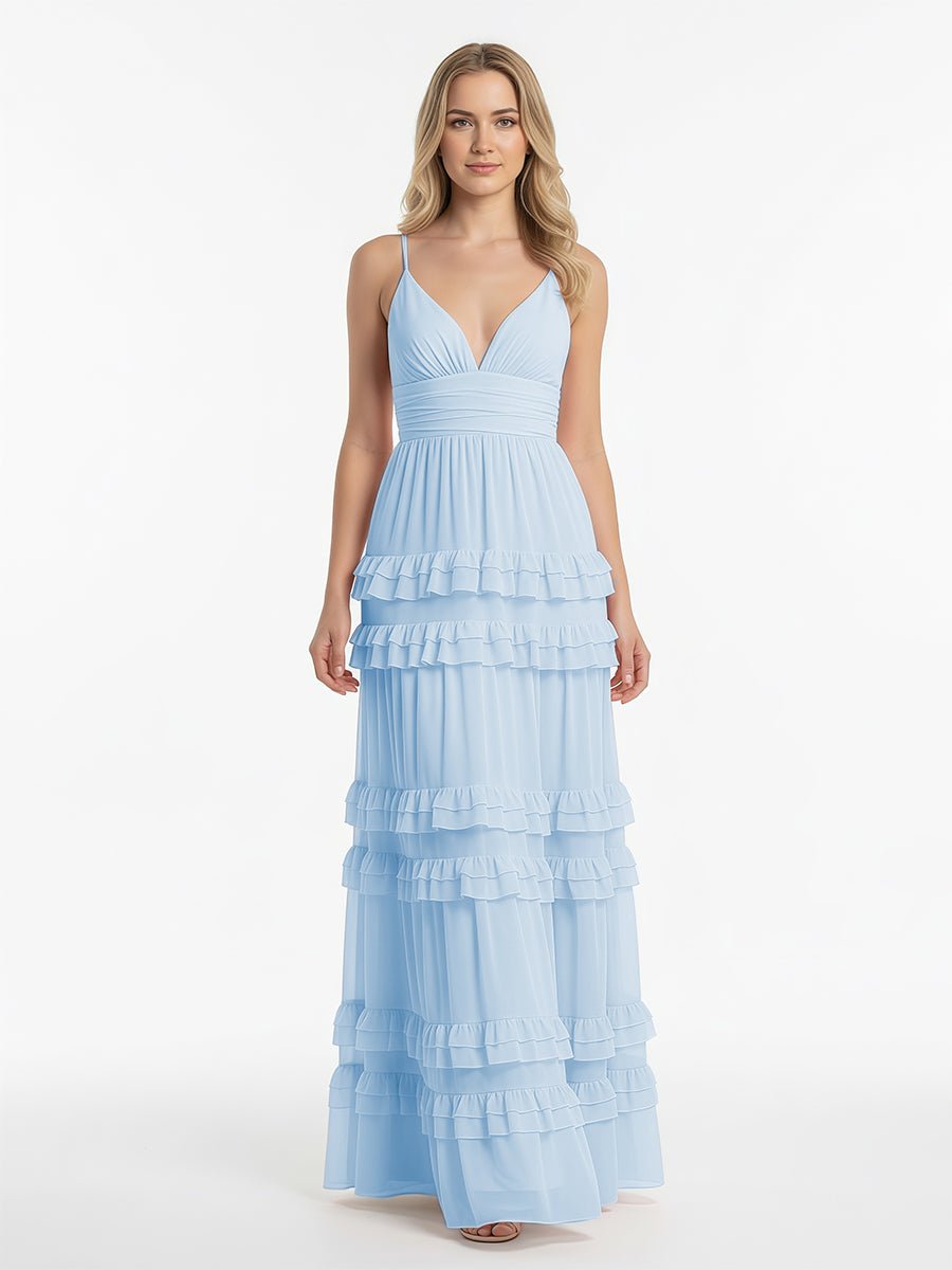 A Line Pink Chiffon Tiered Ruffles Long Prom Dress
