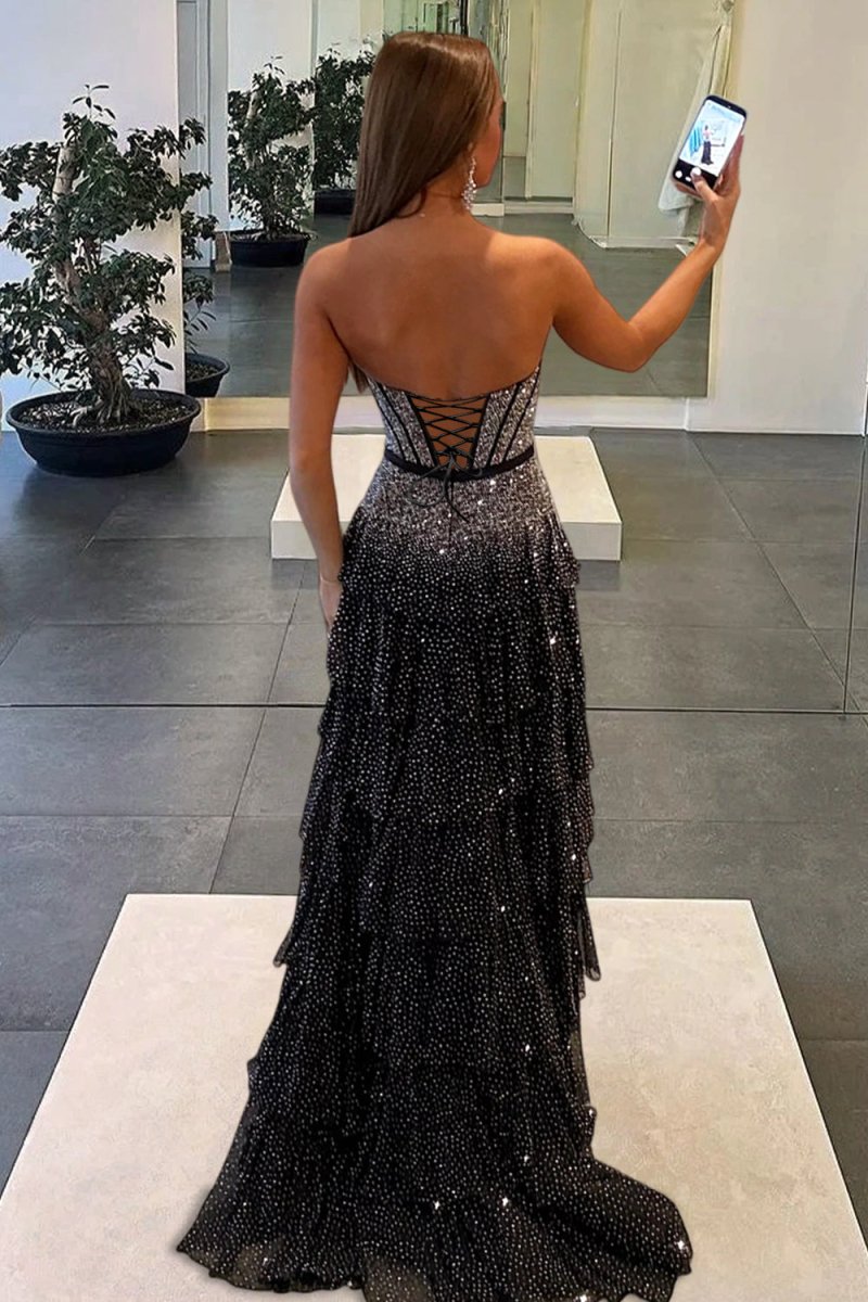 Black-White Strapless A Line Tulle Ruffled Formal Prom Dresses With Beading