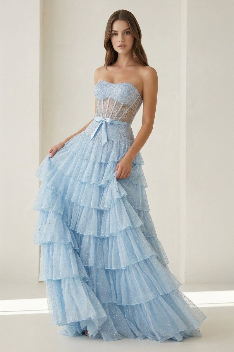 Black-White Strapless A Line Tulle Ruffled Formal Prom Dresses With Beading