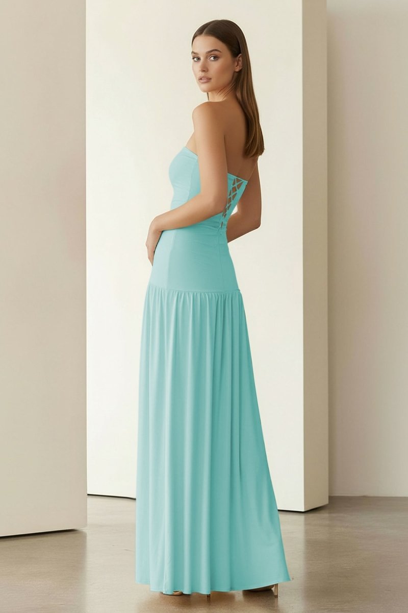 Yellow Strapless Sheath Pleated Long Prom Dresses With Slit