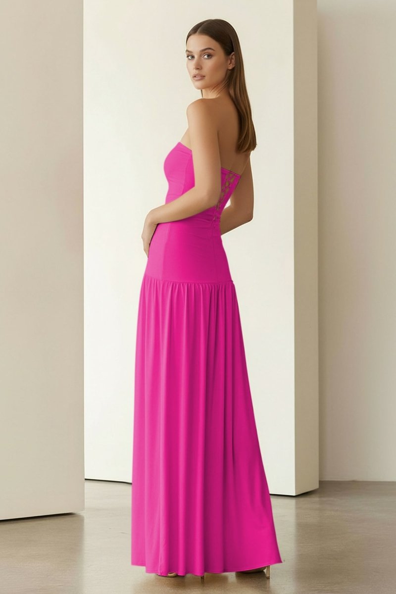 Yellow Strapless Sheath Pleated Long Prom Dresses With Slit