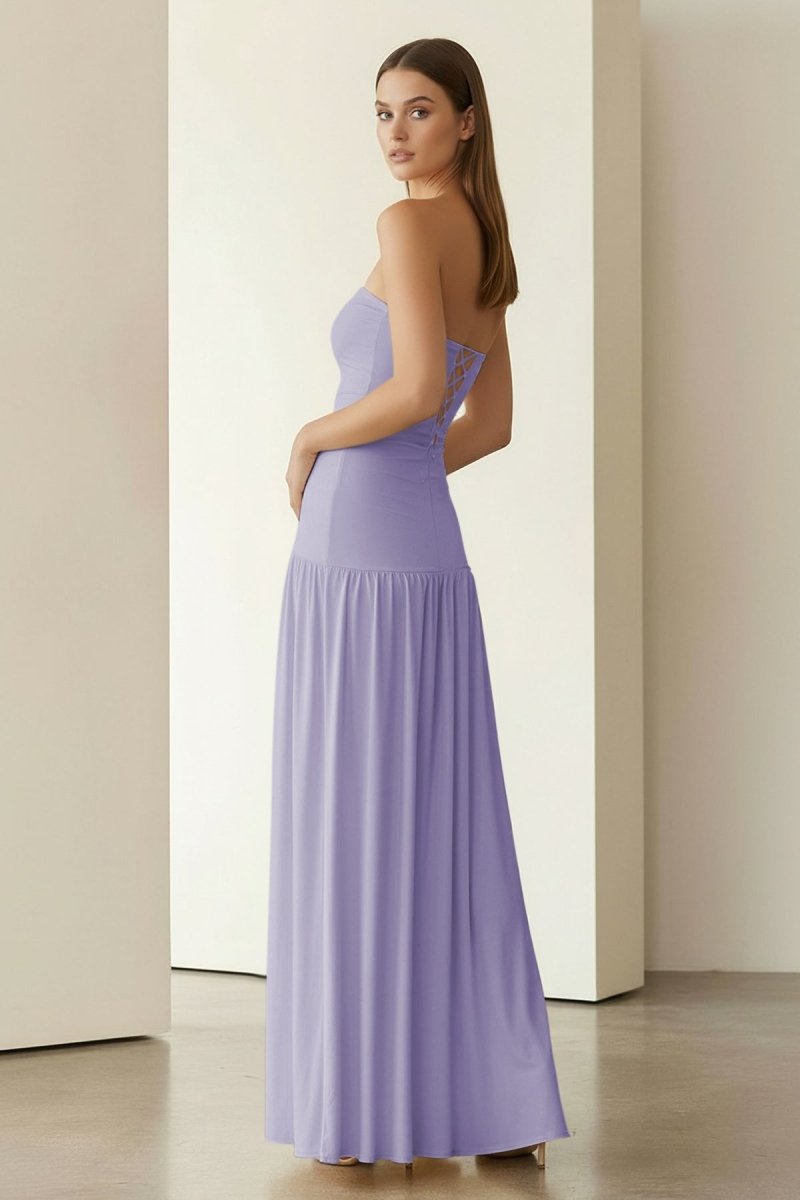 Yellow Strapless Sheath Pleated Long Prom Dresses With Slit