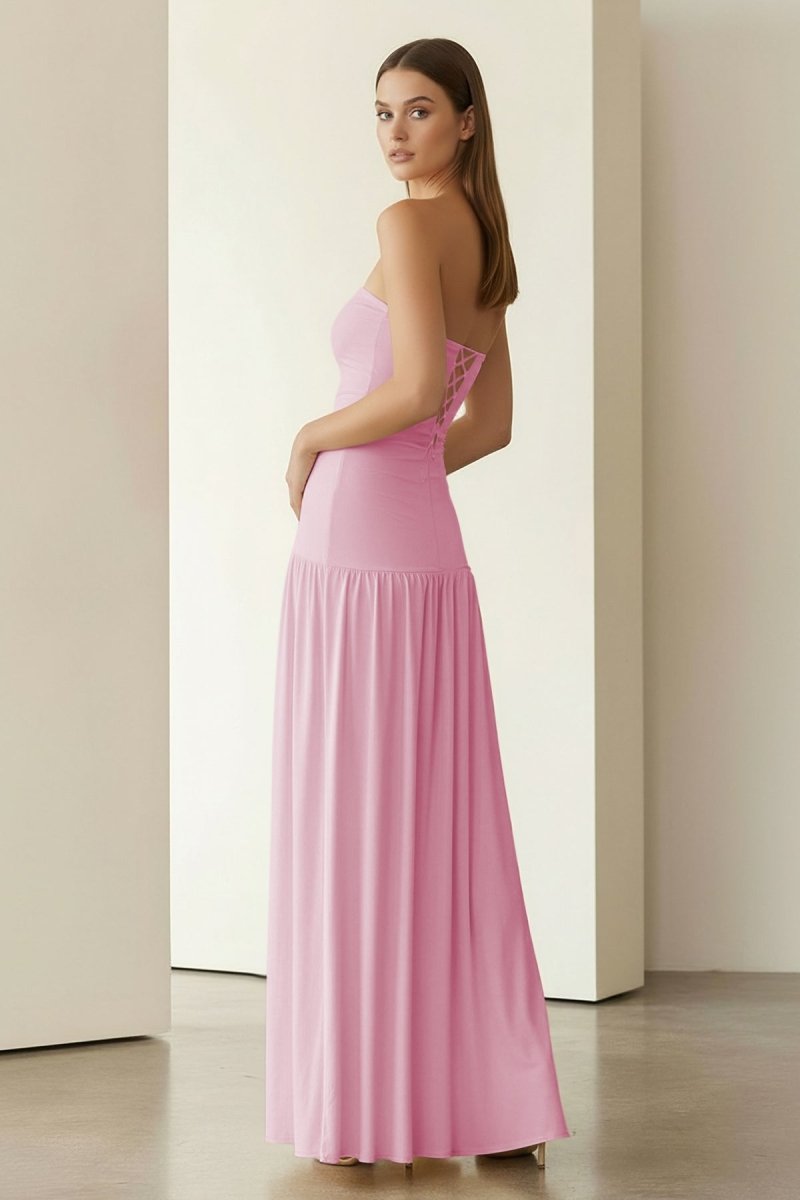 Yellow Strapless Sheath Pleated Long Prom Dresses With Slit