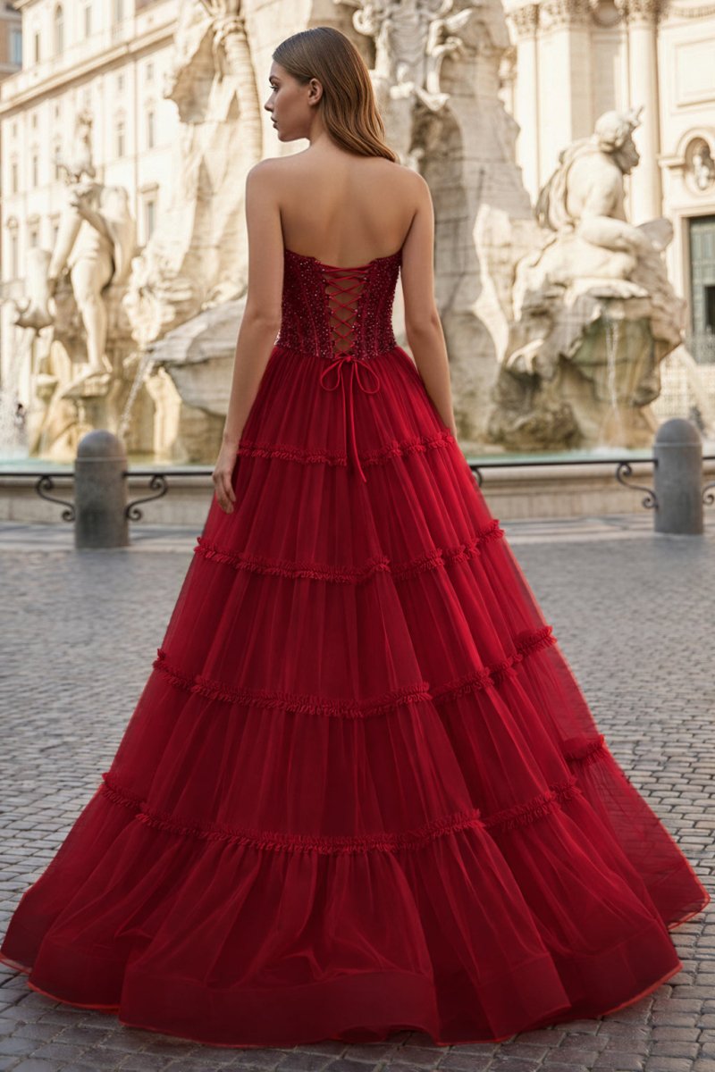 Sweetheart Fuchsia Beaded Ruffles Tulle Prom Dress