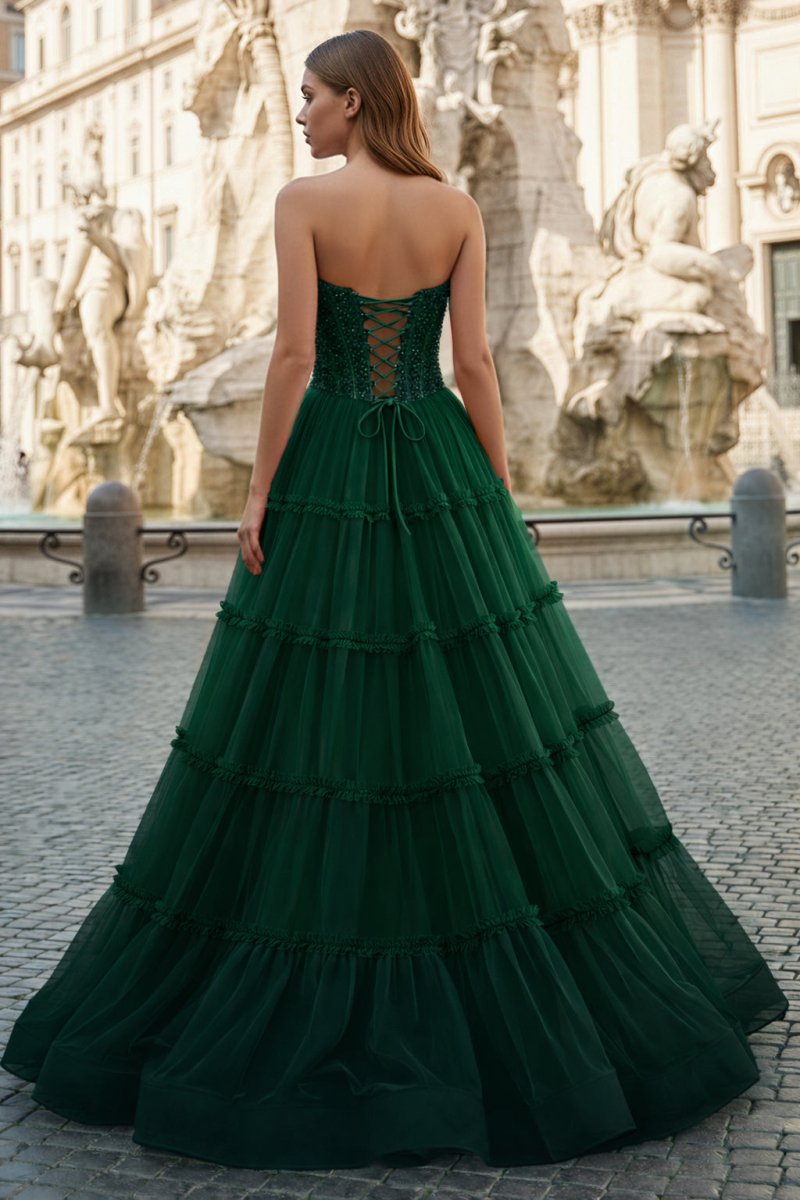 Sweetheart Fuchsia Beaded Ruffles Tulle Prom Dress