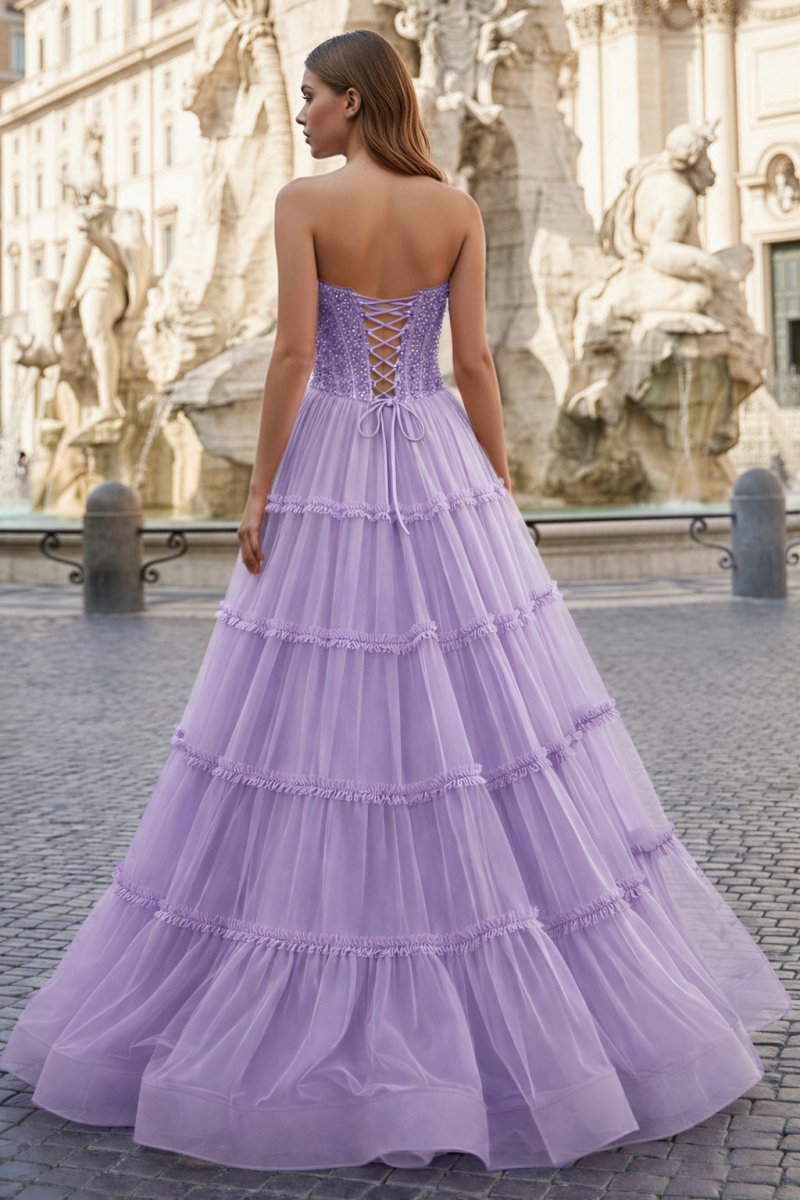 Sweetheart Fuchsia Beaded Ruffles Tulle Prom Dress