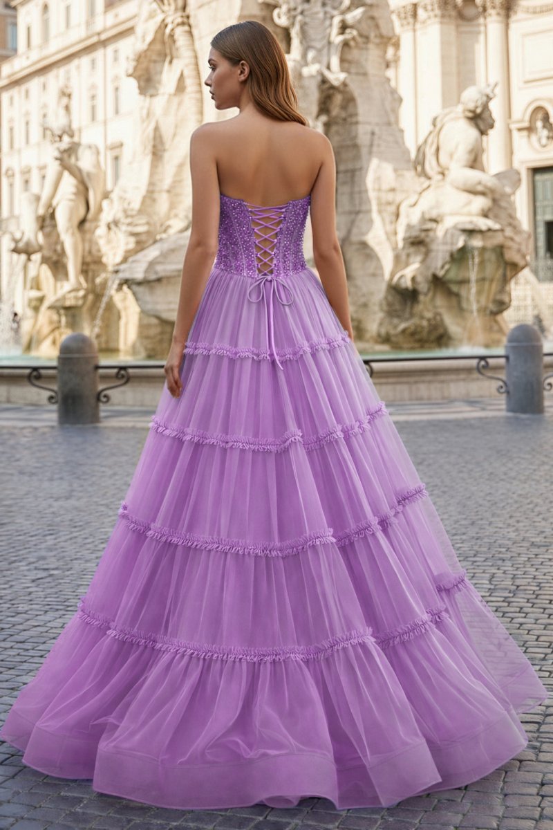 Sweetheart Fuchsia Beaded Ruffles Tulle Prom Dress