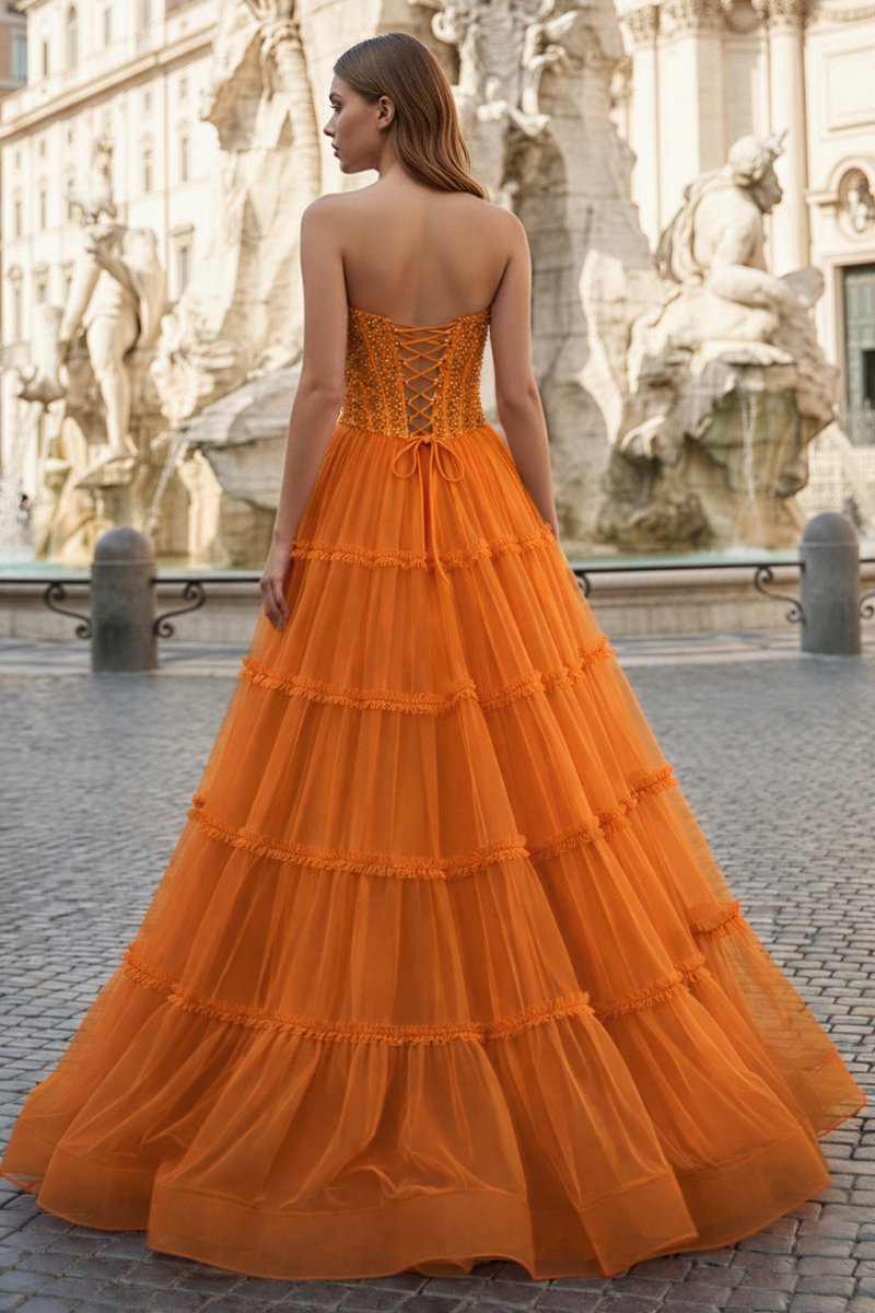 Sweetheart Fuchsia Beaded Ruffles Tulle Prom Dress