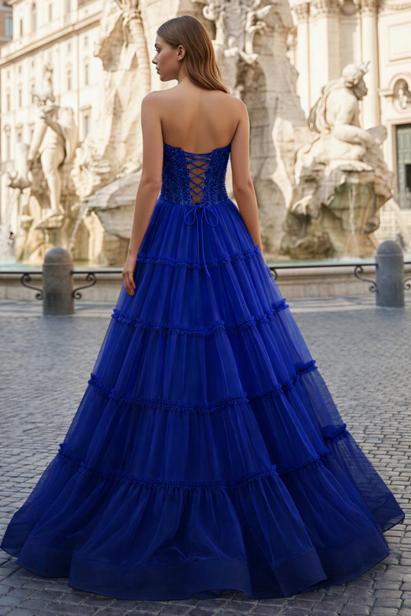 Sweetheart Fuchsia Beaded Ruffles Tulle Prom Dress