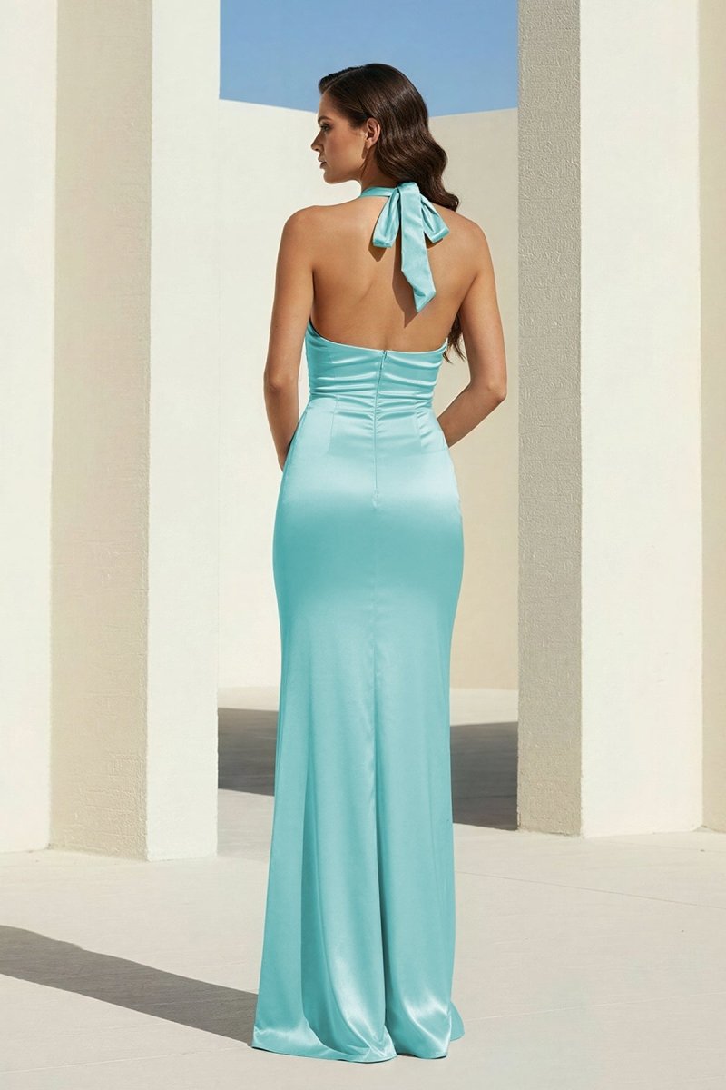 Sky Blue Halter Satin Mermaid Open Back Long Formal Prom Dresses