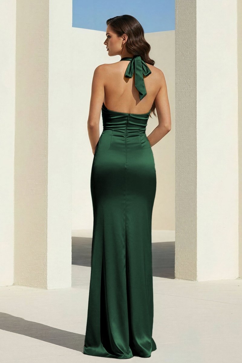 Sky Blue Halter Satin Mermaid Open Back Long Formal Prom Dresses
