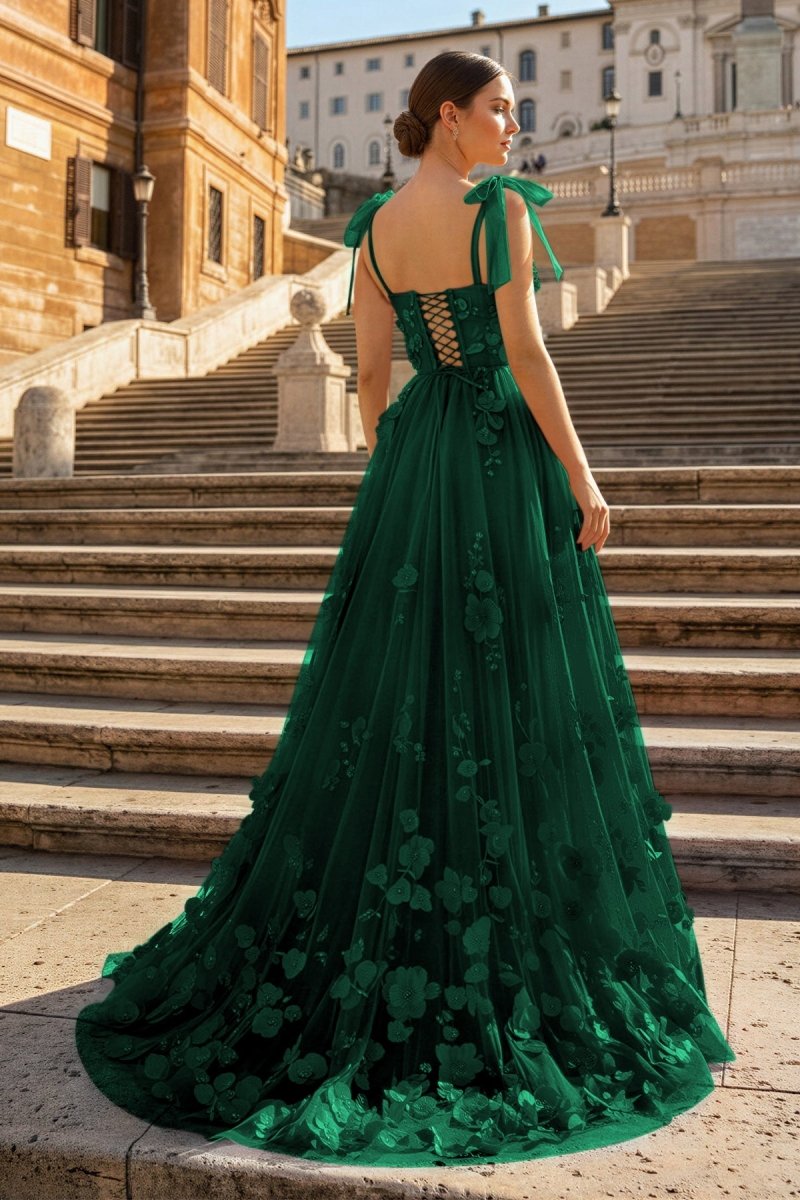 Scarlet Tulle A-line 3D Flower Long Prom Dress With Slit