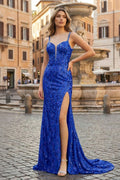 Sparkly Royal Blue Sheath Sequins Long Prom Dress with Slit