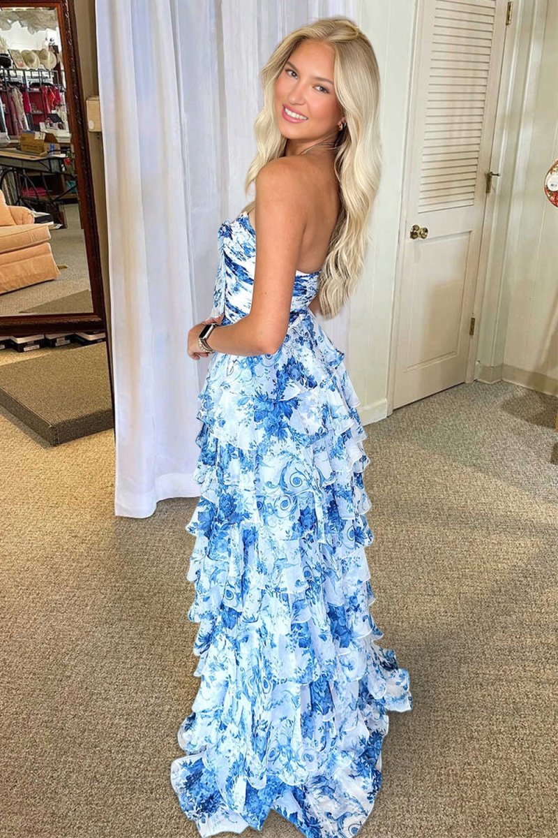 Ivory Sweetheart A Line Floral Chiffon Ruffled Formal Prom Dresses With Slit