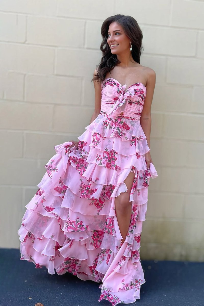 Ivory Sweetheart A Line Floral Chiffon Ruffled Formal Prom Dresses With Slit