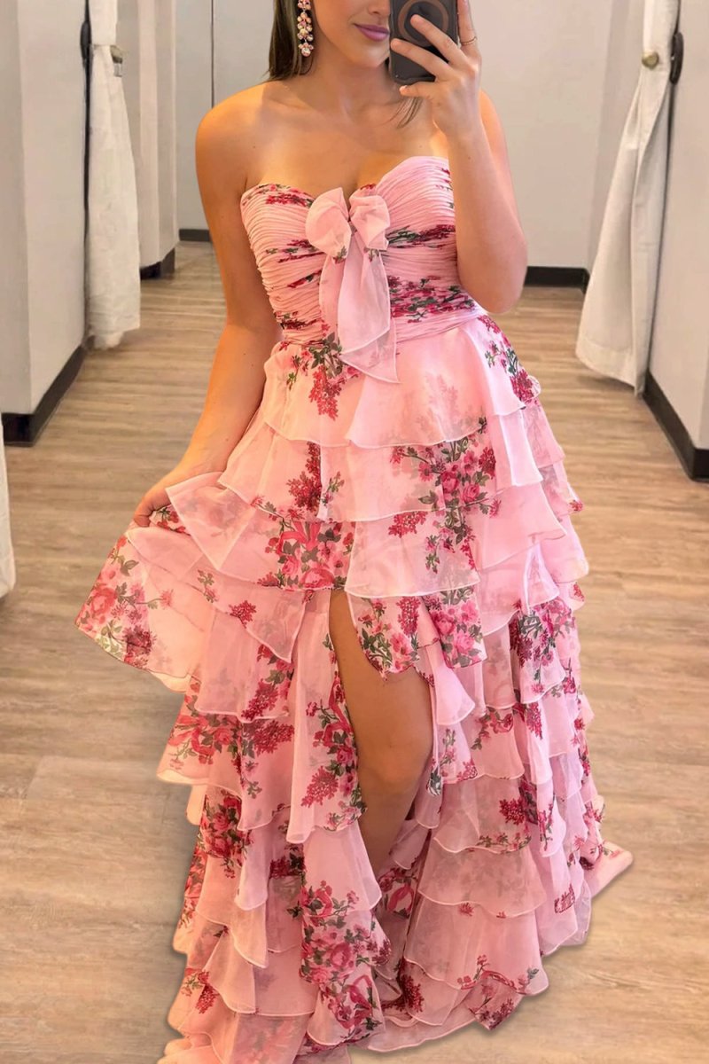 Ivory Sweetheart A Line Floral Chiffon Ruffled Formal Prom Dresses With Slit
