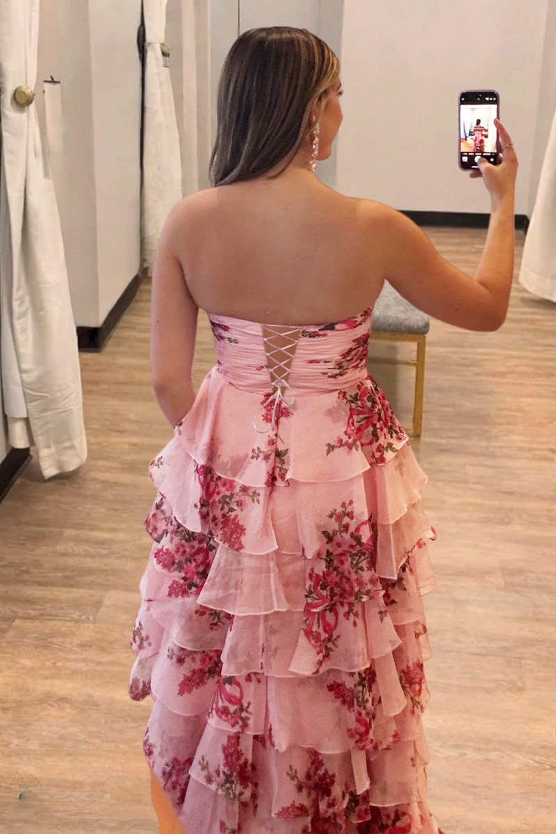 Ivory Sweetheart A Line Floral Chiffon Ruffled Formal Prom Dresses With Slit
