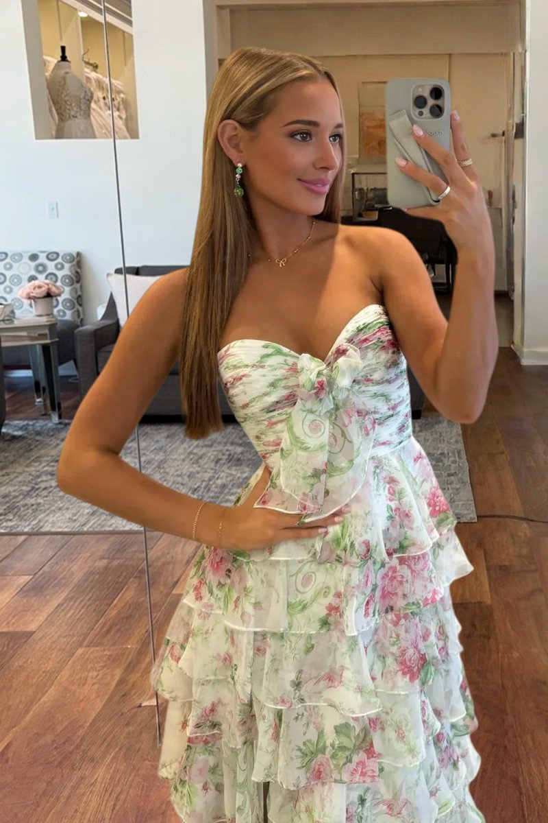 Ivory Sweetheart A Line Floral Chiffon Ruffled Formal Prom Dresses With Slit