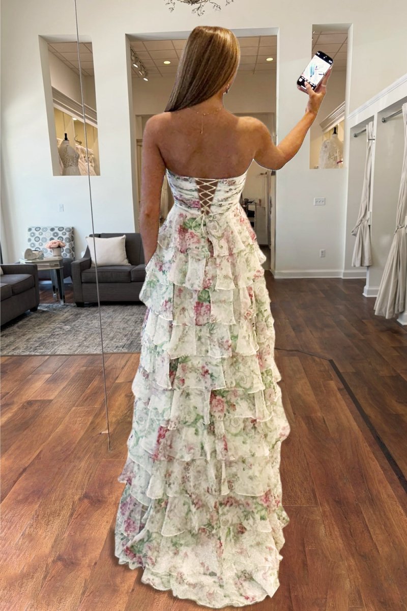 Ivory Sweetheart A Line Floral Chiffon Ruffled Formal Prom Dresses With Slit
