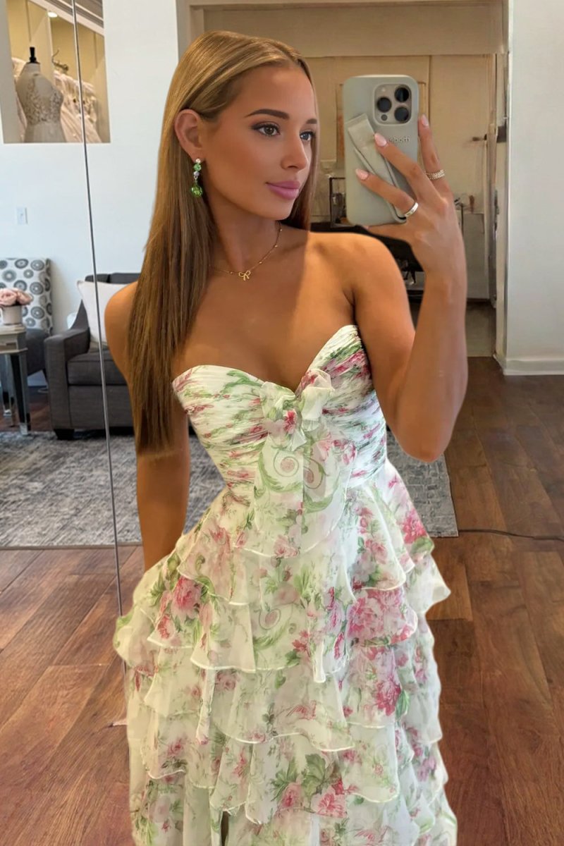 Ivory Sweetheart A Line Floral Chiffon Ruffled Formal Prom Dresses With Slit
