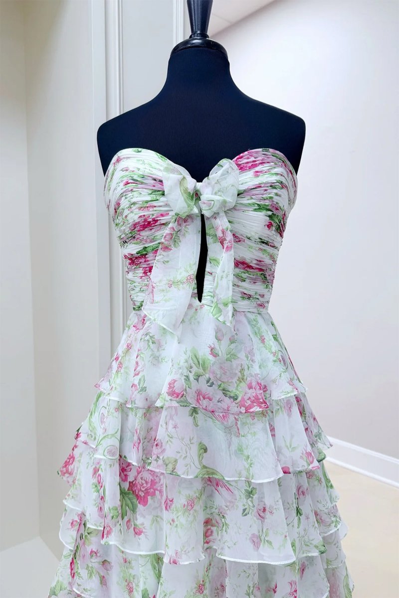 Ivory Sweetheart A Line Floral Chiffon Ruffled Formal Prom Dresses With Slit
