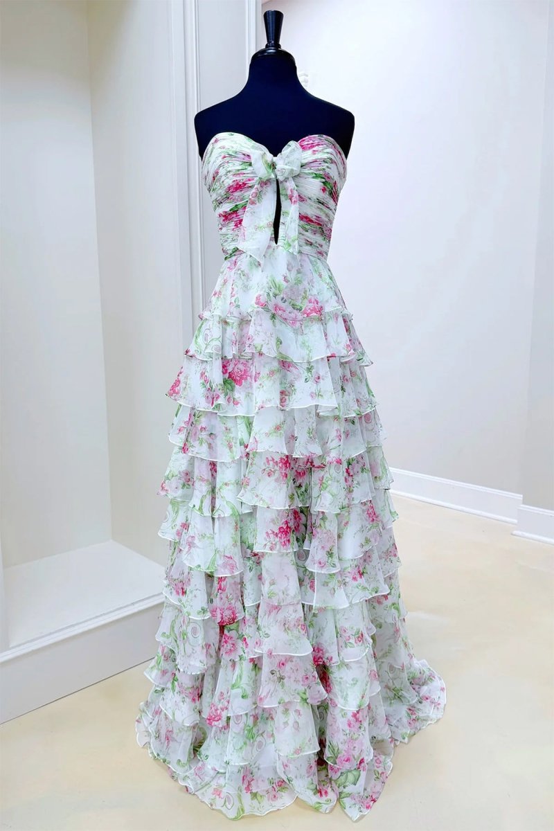 Ivory Sweetheart A Line Floral Chiffon Ruffled Formal Prom Dresses With Slit