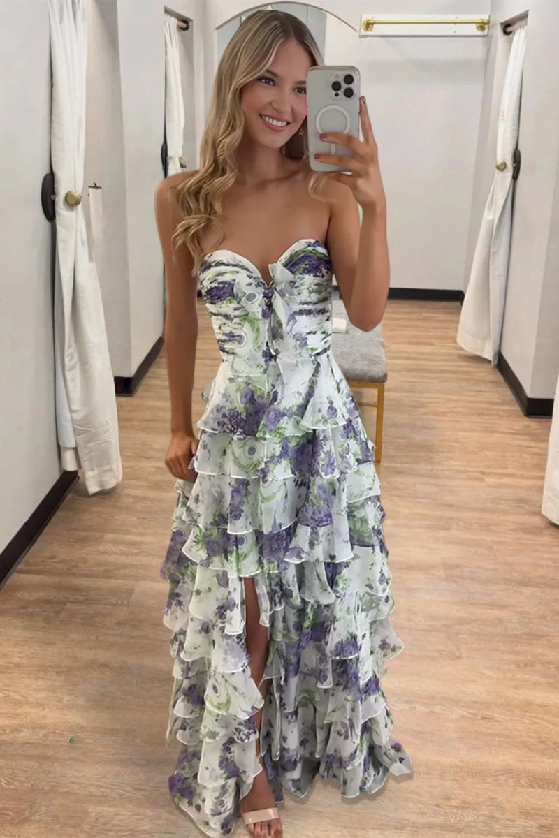 Ivory Sweetheart A Line Floral Chiffon Ruffled Formal Prom Dresses With Slit