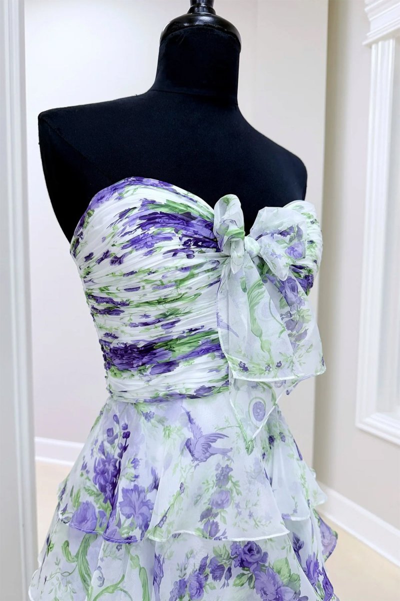 Ivory Sweetheart A Line Floral Chiffon Ruffled Formal Prom Dresses With Slit
