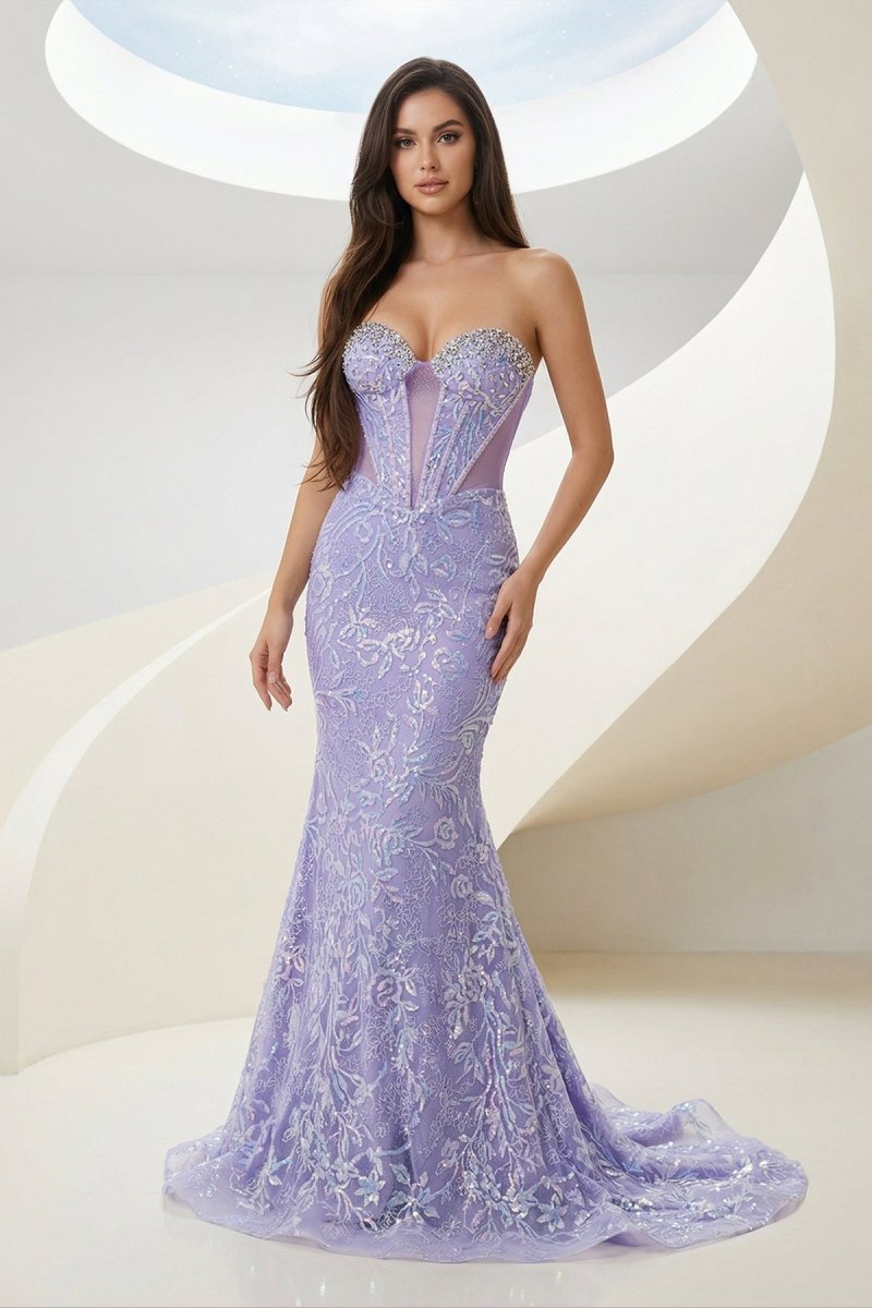 Lilac Sweetheart Mermaid Sequined Lace Formal Prom Dresses With Beading