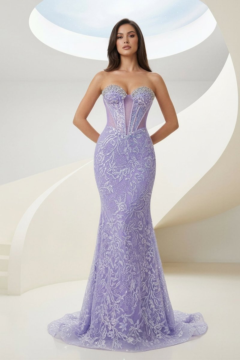Lilac Sweetheart Mermaid Sequined Lace Formal Prom Dresses With Beading