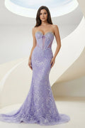 Lilac Sweetheart Mermaid Sequined Lace Formal Prom Dresses With Beading