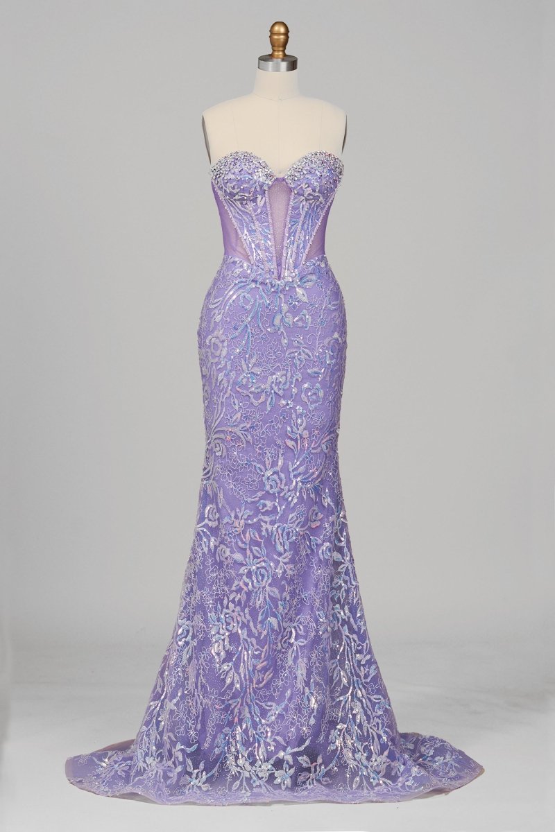 Lilac Sweetheart Mermaid Sequined Lace Formal Prom Dresses With Beading