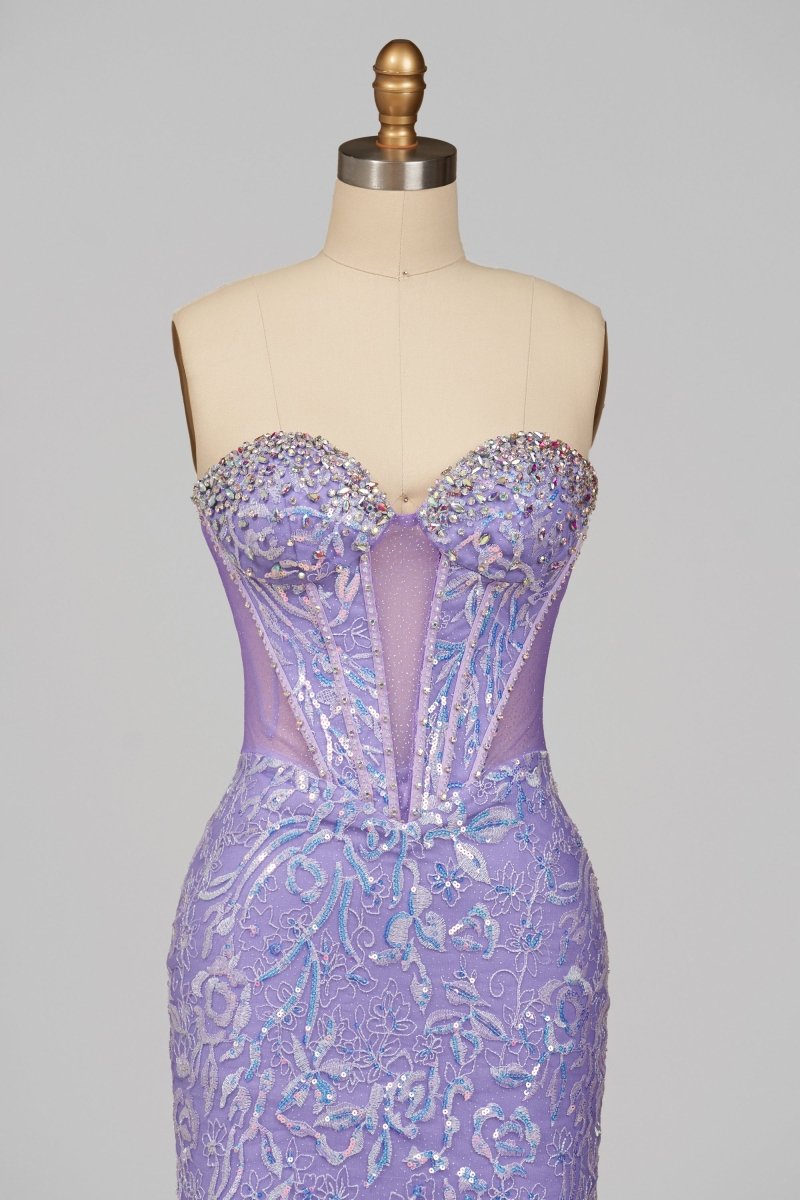 Lilac Sweetheart Mermaid Sequined Lace Formal Prom Dresses With Beading