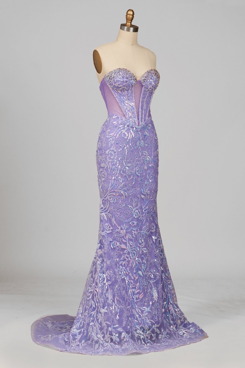 Lilac Sweetheart Mermaid Sequined Lace Formal Prom Dresses With Beading