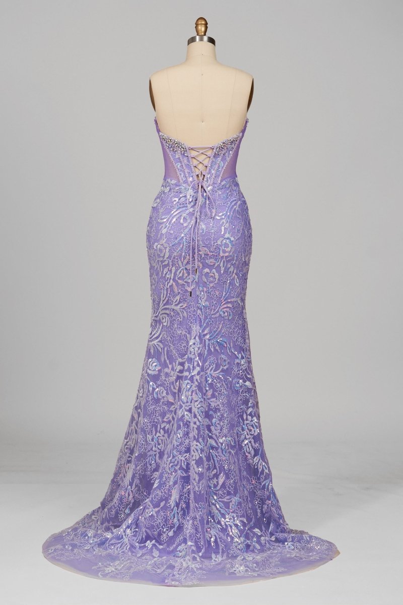 Lilac Sweetheart Mermaid Sequined Lace Formal Prom Dresses With Beading