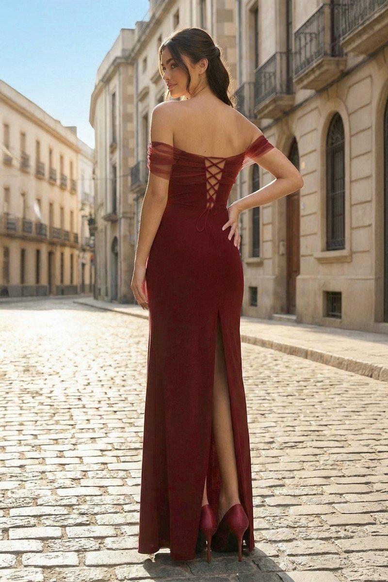 Burgundy Off The Shoulder Mermaid Satin Long Formal Prom Dresses