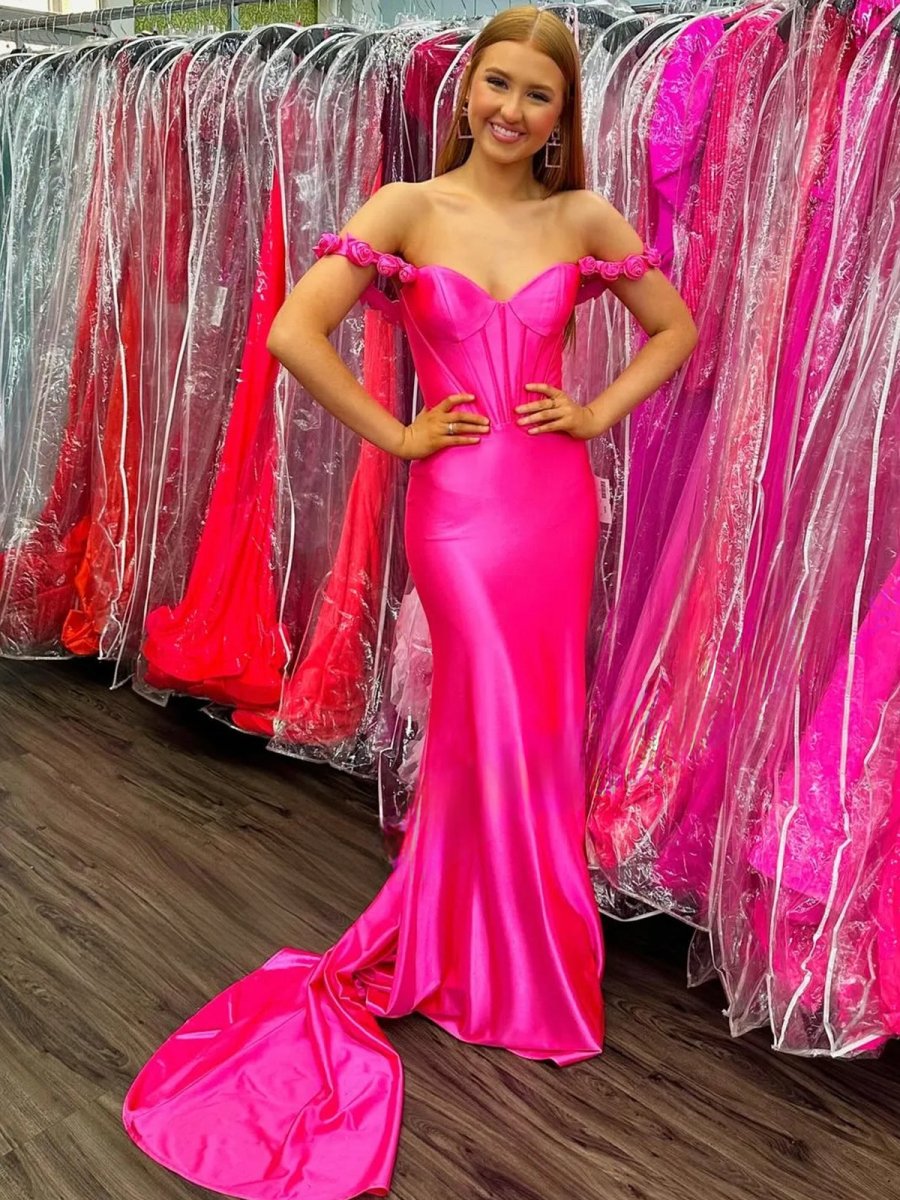 Hot Pink Floral Straps Mermaid Satin Long Prom Dress