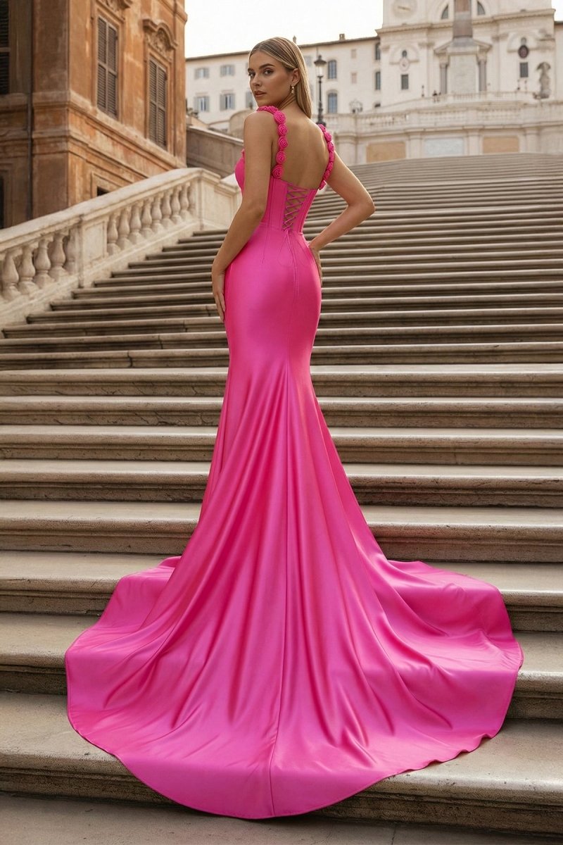 Hot Pink Floral Straps Mermaid Satin Long Prom Dress