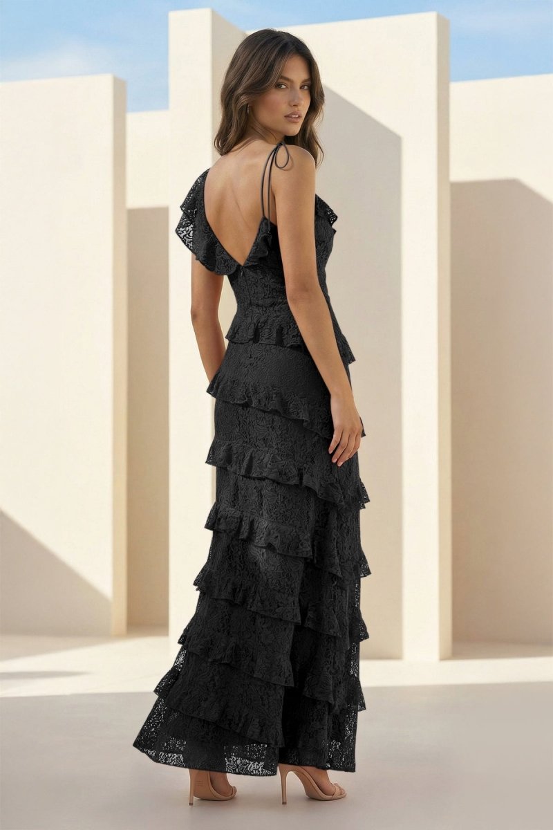 Red Sheath V Neck Lace Long Prom Dresses With Ruffles