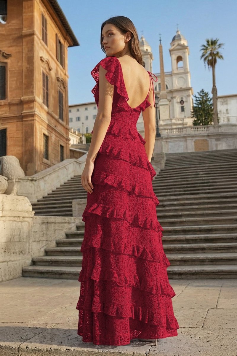 Red Sheath V Neck Lace Long Prom Dresses With Ruffles