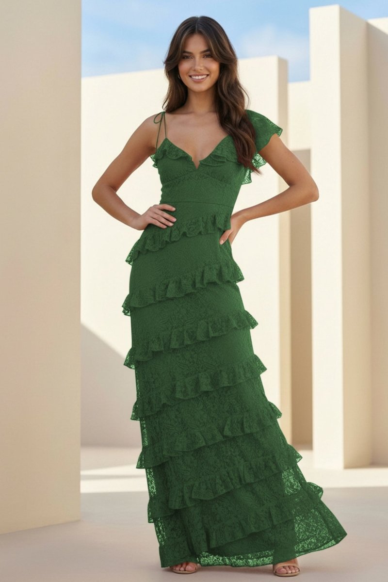 Red Sheath V Neck Lace Long Prom Dresses With Ruffles