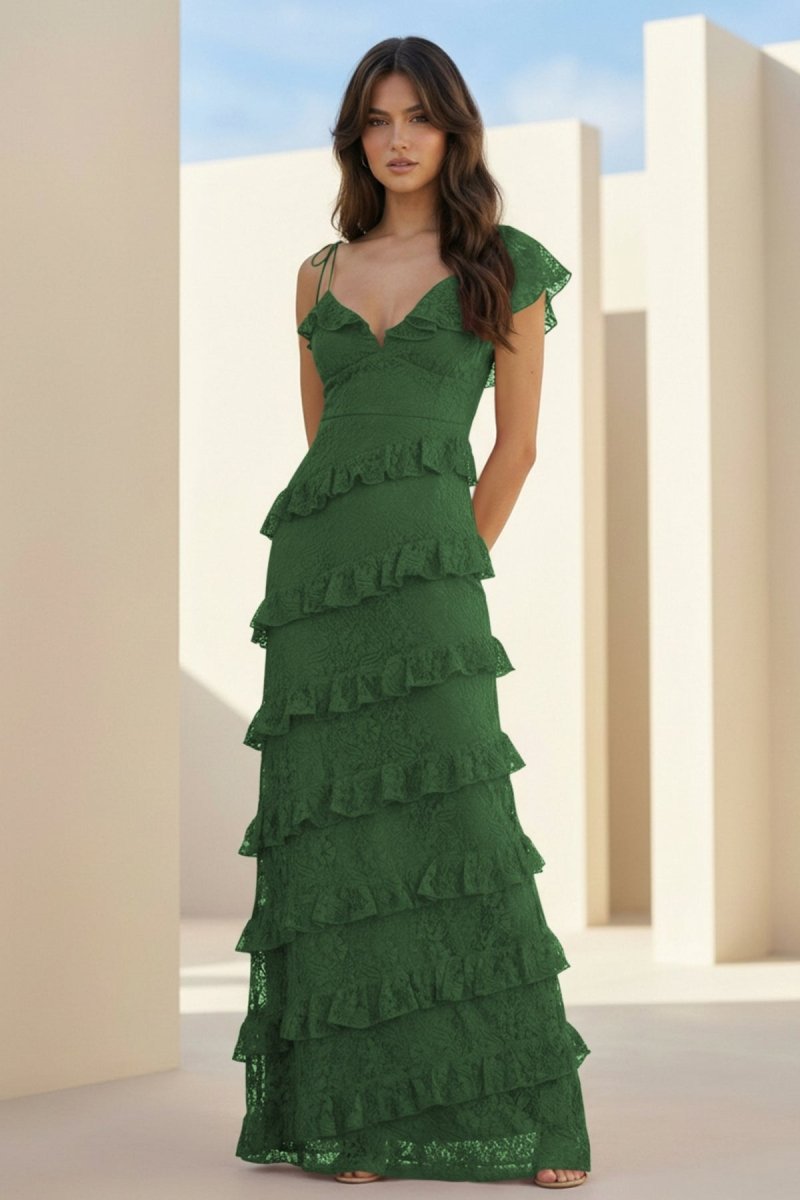 Red Sheath V Neck Lace Long Prom Dresses With Ruffles