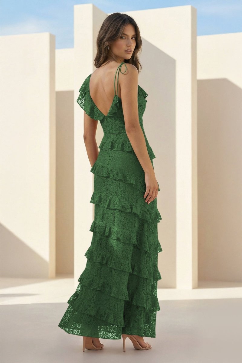 Red Sheath V Neck Lace Long Prom Dresses With Ruffles