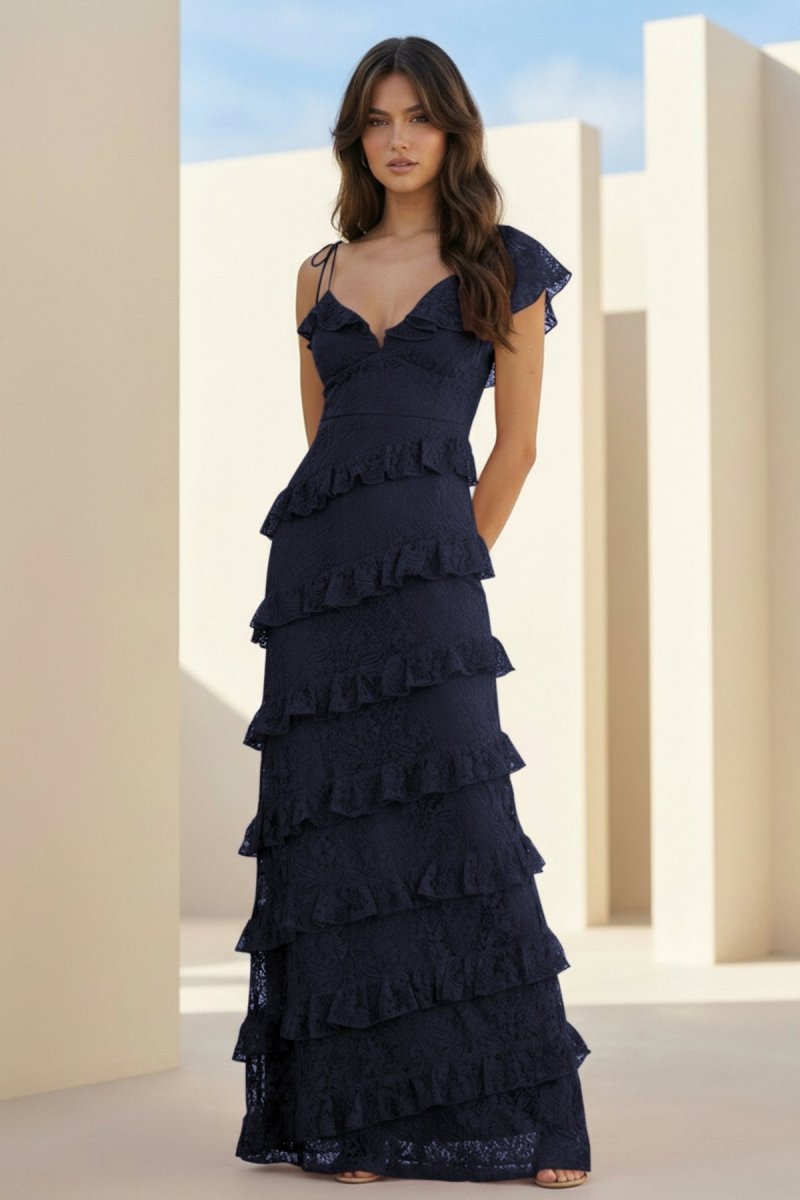Red Sheath V Neck Lace Long Prom Dresses With Ruffles